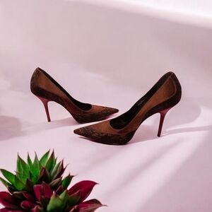 Sophisticated Brown Satin And Lace High Heels